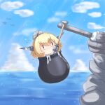  1girl blonde_hair blue_sky braid cauldron chibi colorado_(kancolle) garrison_cap getting_over_it hammer hat headgear highres horizon in_cauldron kantai_collection outdoors riretsuto short_hair side_braid sky sledgehammer solo 