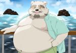  2022 anthro belly clothed clothing detailed_background eyewear glasses hi_res humanoid_hands kemono male mammal mature_male moobs navel nipples obese obese_male open_clothing open_shirt open_topwear outside overweight overweight_male polar_bear shirt solo topwear ursid ursine water white_body yanununununu 