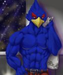  2020 abs anthro avian beak belt big_muscles biped bird blue_body blue_eyes blue_feathers bottomwear chibikoma clothed clothing digital_drawing_(artwork) digital_media_(artwork) facial_markings falco_lombardi falcon falconid feathers half-length_portrait hand_on_own_hip head_markings hi_res holding_clothing holding_object looking_aside male markings muscular muscular_anthro muscular_male nintendo pants pecs portrait shirtless shirtless_anthro shirtless_male solo space standing star_fox teal_eyes topless topless_anthro topless_male yellow_beak 