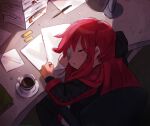  1girl bandage_over_one_eye black_jacket black_ribbon book closed_eyes coffee commentary_request desk hair_ribbon jacket limbus_company long_hair long_sleeves nonga paper paper_stack parted_lips pink_hair project_moon ribbon sleeping solo yuri_(limbus_company) 