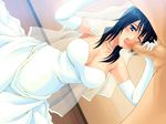  1boy 1girl black_hair blue_eyes blush breasts bride censored cleavage dress fellatio game_cg indoors jewelry necklace oral pearl_necklace penis wedding_dress 