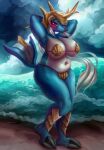  2023 3_claws 3_toes absurd_res anthro anthrofied armor beach bedroom_eyes big_breasts bikini black_claws black_toes blue_arms blue_body blue_fur blue_head blue_legs blush blush_lines breasts claws clothed clothing cloud cloudy cloudy_sky d685ab7f detailed detailed_background digital_media_(artwork) digital_painting_(artwork) eyelashes fangs feet female foam full-length_portrait fur furgonomics generation_5_pokemon hair hands_behind_back hands_behind_head headgear helmet hi_res legwear long_hair looking_at_viewer mammal membrane_(anatomy) multicolored_body mustelid narrowed_eyes natural_armor navel night nintendo partially_clothed particles pinup pokemon pokemon_(species) pokemorph portrait pose presenting presenting_breasts raised_arms red_eyes red_nose samurott sand sea seafoam_(water) seashell_bikini seashell_bra seaside seductive shell shell_armor smile smiling_at_viewer solo sparkles spiked_armor spiked_helmet spikes standing swimwear tail tail_armor tail_membrane teeth thick_thighs toe_claws toes two_tone_body vambraces water wave white_body white_breasts white_fur white_hair wide_tail 