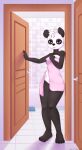  4_fingers absurd_res anthro bathroom bear black_body black_fur black_nipples female female/female fingers fur giant_panda hi_res holding_object holding_towel leaning_on_wall lillian_grey mammal nipples purple_eyes solo standing standing_in_doorway stefano_d&#039;angelo towel white_body white_fur 