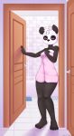  4_fingers absurd_res anthro bathroom bear black_body black_fur female female/female fingers fur giant_panda hi_res holding_object holding_towel leaning_on_wall lillian_grey mammal purple_eyes solo standing standing_in_doorway stefano_d&#039;angelo towel white_body white_fur 