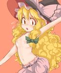  bad_id bad_pixiv_id blonde_hair bloomers bow breasts curly_hair hair_bow hat kirisame_marisa long_hair navel nipples pig_ggul red_eyes simple_background small_breasts solo topless touhou underwear witch_hat 