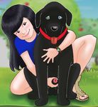  bestiality black_eyes black_hair blue_eyes blue_shirt blush collar dog grass handjob long_hair penis reach-around reach_around shirt smile 