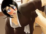  1girl ahegao arm_grab bent_over black_hair bleach blush breasts censored cum doggystyle drooling flat_chest fucked_silly game_cg gray_eyes grey_eyes japanese_clothes kuchiki_rukia maten nipples no_bra open_clothes open_mouth saliva sex solo sweat tears vaginal 