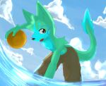 anthro ball black_nose blue_body blue_fur blue_sky chest_tuft clothed clothing cloud fur glistening glistening_eyes green_body green_fur hi_res holding_ball holding_object kuttoyaki looking_at_viewer male open_mouth outside sky solo species_request standing tail tail_tuft topless tuft water yellow_eyes 