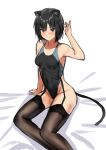  1girl absurdres amagami animal_ears armpits black_eyes black_hair black_legwear black_swimsuit bob_cut cat_day cat_ears cat_tail commentary_request competition_swimsuit feet_out_of_frame garter_straps highleg highleg_swimsuit highres nanasaki_ai one-piece_swimsuit short_hair sitting solo swimsuit tail thighhighs ykh1028 