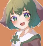  1girl :3 :d animal_ears bangs chromatic_aberration dog_ears eyebrows_visible_through_hair green_eyes green_hair gumi_9357 highres kasodani_kyouko looking_at_viewer open_mouth orange_background outline short_hair simple_background smile solo touhou upper_body white_outline 