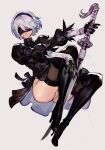  1girl android ass black_gloves blindfold boots full_body gloves hairband high_heel_boots high_heels holding holding_sword holding_weapon hungry_clicker juliet_sleeves katana leotard lips long_sleeves mole mole_under_mouth nier_(series) nier_automata puffy_sleeves short_hair simple_background solo sword thigh_boots thighhighs weapon white_background white_hair yorha_no._2_type_b 
