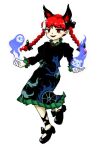  1girl :3 amaho_yaro25 animal_ears animal_print black_bow black_dress black_footwear black_ribbon blue_fire blush blush_stickers bow braid cat cat_ears cat_print dress extra_ears fire flaming_skull floating_skull ghost green_dress hitodama holding holding_skull kaenbyou_rin leg_ribbon multiple_tails nekomata open_mouth otter otter_spirit_(touhou) pale_skin pointy_ears puffy_sleeves red_eyes red_hair ribbon simple_background skull smile smug sweatdrop tail touhou twin_braids two_tails wheel whiskers white_background zun_(style) 