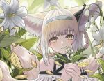  1girl animal_ears arknights bare_shoulders blonde_hair blue_hairband braid earpiece extra_ears eyebrows_visible_through_hair flower fox_ears fox_girl fox_tail hairband hands_up highres holding holding_flower lily_of_the_valley long_hair meganeno_dokitsui multicolored_hair multiple_tails namesake oripathy_lesion_(arknights) parted_lips short_hair solo streaked_hair suzuran_(arknights) tail upper_body white_hair yellow_eyes 