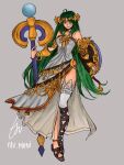  1girl bangs bare_shoulders bracelet breasts choker commission commissioner_upload dress green_eyes green_hair grey_background high_heels holding holding_staff jewelry kid_icarus kid_icarus_uprising long_hair necklace palutena parted_bangs pendant shield side_slit signature single_thighhigh sleeveless sleeveless_dress smile solo staff strapless strapless_dress thighhighs tsu_moni tsumoni very_long_hair white_dress white_legwear 