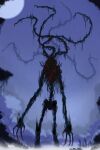  2021 claws creature cryptid demon demon-works drawing fantasy fog highres horror_(theme) monster moon night nightmare no_eyes original painting staff tentacles 
