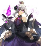  1girl absurdres blonde_hair bob_cut bug butterfly charlotte_grace crown dress elf gem gloves gothic_lolita highres lolita_fashion looking_to_the_side lord_of_heroes narugrm pale_skin pointy_ears purple_eyes sleeveless white_background wings 