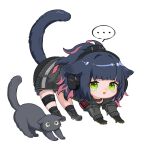  ... 1girl all_fours animal_ears arknights armband black_cat black_collar black_gloves black_jacket black_shorts blue_hair cat cat_ears cat_girl cat_tail chibi collar commentary crying crying_with_eyes_open english_commentary gloves green_eyes headset implied_extra_ears jacket jessica_(arknights) multicolored_hair open_mouth pink_hair ponytail shorts simple_background solo spacelongcat speech_bubble spoken_ellipsis streaked_hair stretch tail tail_raised tears white_background 