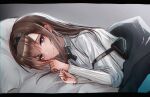  1girl arknights bed_sheet black_hairband black_ribbon blanket blush bright_pupils brown_hair closed_mouth gradient gradient_background grey_background grey_sweater hairband highres kaguura_(kagu) long_hair looking_at_viewer lying neck_ribbon on_bed on_side pouch priestess_(arknights) purple_eyes ribbon smile solo sweater under_covers upper_body 