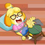  1:1 3_toes animal_crossing barefoot bound canid canine canis domestic_dog eyewear feet glasses isabelle_(animal_crossing) laugh mammal nintendo shih_tzu soles tickle_torture tickling tickling_feet toes toy_dog video_games 