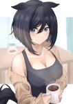  1girl :/ animal_ears bangs beige_sweater black_hair black_tank_top blue_eyes blurry blurry_background blush breasts cleavage closed_mouth coffee coffee_mug coffee_pot collarbone commentary cup eishin_flash_(umamusume) hair_between_eyes highres holding holding_cup horse_ears horse_girl horse_tail looking_at_viewer medium_breasts mug short_hair single_bare_shoulder solo steam table tail tank_top tepechi umamusume upper_body 