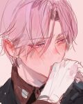  1boy covering_mouth embarrassed flustered gloves hand_over_own_mouth humiliation joshua_levinth kuzuvine looking_away lord_of_heroes male_focus pale_skin pink_eyes pink_hair solo white_background 