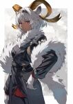  1girl animal_ears arknights bangs black_coat black_legwear border carnelian_(arknights) carnelian_(hohenlohe_chillysand)_(arknights) coat cowboy_shot dark-skinned_female dark_skin fur_collar fur_shawl gloves goat_ears goat_girl goat_horns grey_background highres horns long_sleeves looking_at_viewer makai_no_juumin miniskirt official_alternate_costume outside_border pantyhose parted_lips red_eyes red_skirt short_hair silver_hair skirt solo tassel white_border white_gloves 