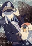  1boy black_coat black_headwear buttons closed_mouth coat commentary_request facial_hair frown grey_eyes grey_hair hand_on_headwear hat high_collar highres holding holding_poke_ball ingo_(pokemon) long_sleeves male_focus midzunko_(moobojisan) open_clothes open_coat outdoors pearl_clan_outfit poke_ball poke_ball_(legends) pokemon pokemon_(game) pokemon_legends:_arceus short_hair sideburns snowing solo torn_clothes torn_coat 