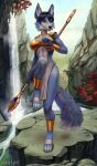  2022 absurd_res anthro blue_body blue_fur canid canine clothing fox fur goatesque gold_clothing hi_res krystal mammal melee_weapon nintendo raised_leg rock scenery staff star_fox video_games waterfall weapon white_body white_fur 