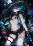  1girl bare_arms bare_shoulders bikini bikini_top_only black_bikini black_gloves black_hair black_jacket black_rock_shooter black_rock_shooter_(character) black_shorts blue_eyes breasts cenangam contrapposto flaming_eye gloves highres holding holding_sword holding_weapon jacket long_hair looking_at_viewer navel off_shoulder open_clothes open_jacket shaded_face short_shorts shorts shoulder_tattoo shrug_(clothing) sleeveless small_breasts solo standing stomach swimsuit sword tattoo thigh_strap thighs twintails weapon 