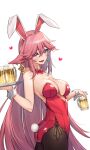  1girl :d alcohol animal_ears ass bangs bare_shoulders beer beer_mug blush bow bowtie breasts brown_legwear cleavage collarbone commentary_request cup detached_collar drunk earrings eyebrows_visible_through_hair eyelashes fang floppy_ears fox_ears from_side genshin_impact hair_between_eyes hand_up highres holding holding_tray jewelry large_breasts leotard long_hair looking_at_viewer mole mole_on_breast mug open_mouth pantyhose pink_hair piyo_(pixiv_2308057) playboy_bunny purple_eyes rabbit_ears rabbit_tail red_bow red_bowtie red_leotard red_neckwear side_slit skin_fang smile solo standing strapless strapless_leotard tail thighs tray wing_collar wrist_cuffs yae_miko 