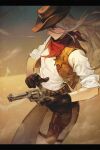  1girl artist_name belt black_border black_gloves blue_eyes border bullet cowboy_hat cowboy_western floating_hair from_side gloves gun hair_between_eyes handgun hat highres holding holding_weapon holster long_hair morry original pants red_scarf revolver scarf shaded_face sheriff sheriff_badge shirt silver_hair solo star_(symbol) symbol-only_commentary weapon white_shirt wind wind_lift 