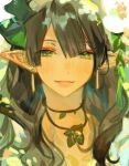  1girl blush bow brown_hair earrings elf green_eyes green_theme hair_bow jewelry kuzuvine lairei_yen long_hair looking_at_viewer lord_of_heroes pale_skin pointy_ears 