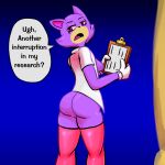  1:1 anthro butt clothing domestic_cat felid feline felis female fur jacket leggings legwear mammal professor_purrview purple_body purple_fur solo toontown_online toontown_rewritten topwear unknown_artist white_clothing white_jacket white_topwear 