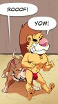  2019 anthro biped bite bodily_fluids brown_body brown_fur bulge butt_biting canid canine canis clothing collar comic dialogue dogfight domestic_dog duo exclamation_point felid feral footprint fur furancis_(furry_force) furry_force growling hi_res hybrid komoroshi_(artist) lion male male/male mammal muscular muscular_anthro muscular_male nipples pain pantherine pawprint pink_nose pit_bull plantigrade red_clothing red_collar red_thong red_underwear rodent sciurid speech_bubble spiked_collar spikes squirrel_tail tears thong thong_only underwear yellow_body yellow_fur 