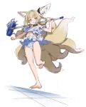  1girl alternate_costume animal_ears arknights bikini black_collar blonde_hair blue_bikini braid collar dutch_angle earpiece extra_ears fox_ears fox_girl fox_tail highres holding holding_mop infection_monitor_(arknights) kitsune kyuubi looking_at_viewer mop multicolored_hair multiple_tails off-shoulder_shirt off_shoulder seicoh shirt short_hair simple_background sketch solo streaked_hair suzuran_(arknights) swimsuit symbol-only_commentary tail white_background yellow_eyes 