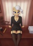  2022 absurd_res anthro anthrofied clothing equid equine eyewear female friendship_is_magic glasses grey_hair hair hasbro hi_res irisarco legwear mammal mature_female mayor_mare_(mlp) my_little_pony sitting thigh_highs 