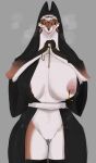  2022 anthro big_breasts biped black_body black_fur black_sclera breasts breath canid canine digital_media_(artwork) fangs female fox fur genitals grey_background habit hi_res huge_breasts inverted_nipples licking licking_lips licking_own_lips looking_at_viewer lvlirror mammal nipple_piercing nipples nun orange_body orange_fur piercing pussy rosary self_lick simple_background solo tongue tongue_out white_body white_fur yellow_eyes 