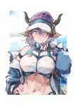  1girl abs absurdres animal_ears arknights arm_strap bikini black_gloves border breasts cow_ears cow_girl cow_horns fingerless_gloves gloves hair_between_eyes hand_on_hip hand_up highres horns jumbowhopper large_breasts official_alternate_costume outside_border purple_hair sideroca_(arknights) sideroca_(light_breeze)_(arknights) solo swimsuit upper_body visor_cap white_bikini white_border yellow_eyes 