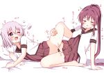  2girls absurdres ahoge bar_censor barefoot bed blue_eyes blush censored closed_eyes feet glasses grey_hair heart highres ikeda_chitose long_hair mesushio moaning multiple_girls nanamori_school_uniform no_panties one_eye_closed open_mouth pillow ponytail purple_hair school_uniform short_hair simple_background sugiura_ayano sweat toes tribadism very_long_hair white_background yuri yuru_yuri 