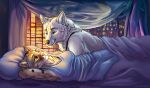  2022 anthro bed bedroom breasts canid canine canis city clothing domestic_cat duo eye_contact felid feline felis female fur furniture hi_res looking_at_another male mammal marjani pillow shirt smile tank_top topwear wolf ych_result 