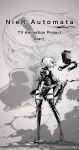  1girl blindfold boots copyright_name dress floating_hair from_behind greyscale hairband high_heel_boots high_heels highres holding holding_sword holding_weapon juliet_sleeves key_visual long_sleeves mole mole_under_mouth monochrome nier_(series) nier_automata official_art pod_(nier_automata) promotional_art puffy_sleeves robot short_hair sketch solo sword thigh_boots thighhighs weapon yorha_no._2_type_b 