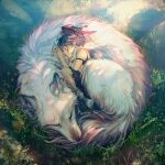  1:1 black_hair canid canine canis clothed clothing duo eyes_closed facial_markings female feral fur grass hair head_markings hi_res human larger_feral mammal markings moro-no-kimi outside plant quadruped san_(princess_mononoke) size_difference sleeping smaller_human watermark white_body white_fur wolf yuumei 