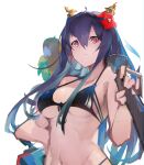  1girl absurdres animal_on_shoulder arknights bikini bird bird_on_shoulder black_bikini blue_hair breasts ch&#039;en_(arknights) ch&#039;en_the_holungday_(arknights) dragon_horns eyebrows_visible_through_hair flower gun hair_between_eyes hair_flower hair_ornament highres holding horns jumbowhopper long_hair looking_at_viewer medium_breasts navel no_hat no_headwear official_alternate_costume over_shoulder parrot red_eyes red_flower simple_background sketch solo swimsuit underboob undersized_clothes upper_body weapon weapon_over_shoulder white_background 