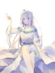  1girl absurdres bangs blunt_bangs crown dress emilia_(re:zero) hand_up head_wreath highres icyko long_hair mini_crown off-shoulder_dress off_shoulder parted_lips purple_eyes re:zero_kara_hajimeru_isekai_seikatsu silver_hair sitting solo 