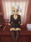  2022 absurd_res anthro anthrofied breasts clothed clothing equid equine eyewear female friendship_is_magic genitals glasses grey_hair hair hasbro hi_res irisarco looking_at_viewer mammal mature_female mayor_mare_(mlp) my_little_pony no_underwear pussy sitting 