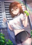  1girl bangs black_shorts bra_visible_through_clothes breasts brown_eyes brown_hair commentary_request eyebrows_visible_through_hair hair_between_eyes highres holding holding_hose holding_sponge hose leaf looking_at_viewer moe2022 navel no_bra open_mouth original outdoors rainbow see-through shirt short_sleeves shorts solo sponge standing sunlight tied_shirt umou_(may65879) water wet wet_clothes white_shirt window 