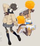  anthro canid canine canis cheek_tuft cheering cheerleader_outfit claws clothed clothing domestic_dog duo english_text facial_tuft female finger_claws footwear hi_res inner_ear_fluff japanese_school_uniform kikurage kuroshiba_nagomi kusuda_korone mammal neck_tuft pom_poms shoes simple_background text tuft 