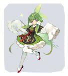  1girl blush bow cannae_le_fey dress full_body green_hair hair_bow hair_ornament highres kuzuvine looking_at_viewer lord_of_heroes oversized_clothes pale_skin purple_eyes smile white_legwear 