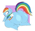  anthro arizonathevixen big_butt blue_body butt cutie_mark equid equine female friendship_is_magic hair hasbro hi_res horse huge_butt huge_thighs looking_at_viewer looking_back lying mammal multicolored_hair my_little_pony nude on_front open_mouth pony purple_eyes rainbow_dash_(mlp) rainbow_hair solo thick_thighs wide_hips 