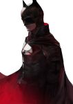  1boy armor batman black_cape blazpu cape closed_mouth highres long_sleeves male_focus mask simple_background solo the_batman_(2022) two-sided_cape two-sided_fabric white_background 